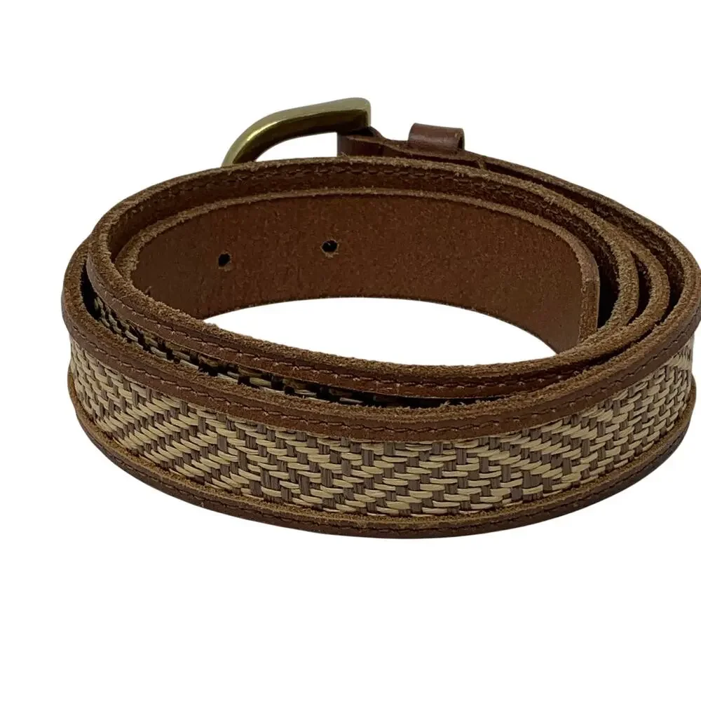 J.Crew Brown Leather Woven Fabric Belt Brass Horseshoe Buckle Womens Sz M - Picture 3 of 5